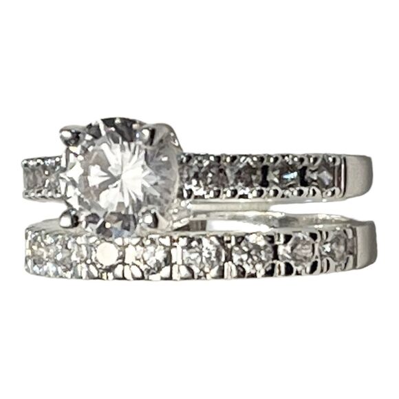 Solitaire Engagement Wedding Ring Set 2 Cz Solitaire Eternity Band Silver Size 5 - Picture 8 of 9